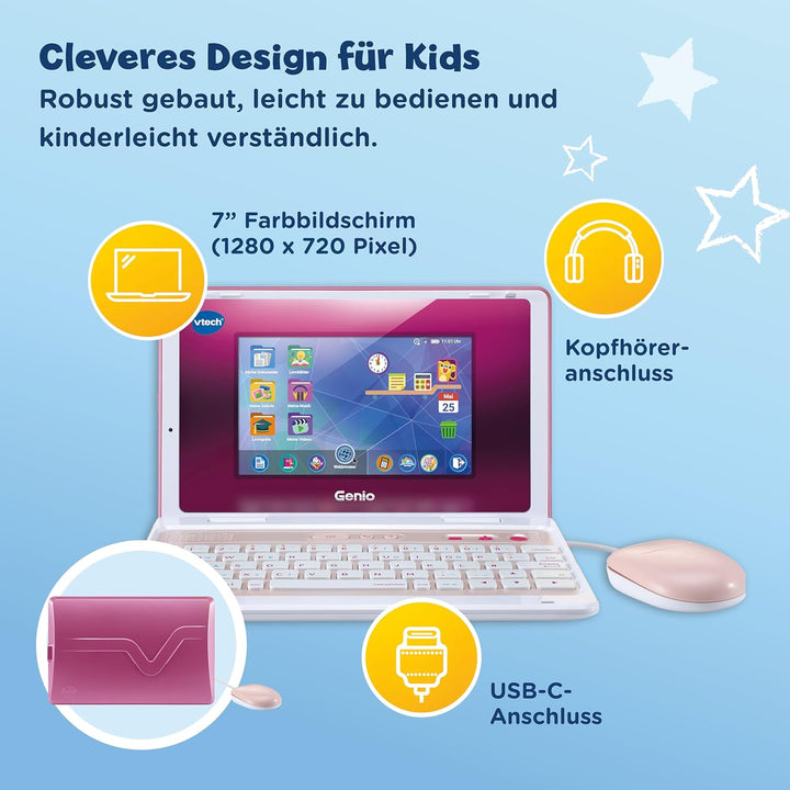 VTech Genio Lernlaptop XL pink – Lerncomputer mit grossen 7"-LCD-Bildschirm mit Internetzugang, Text