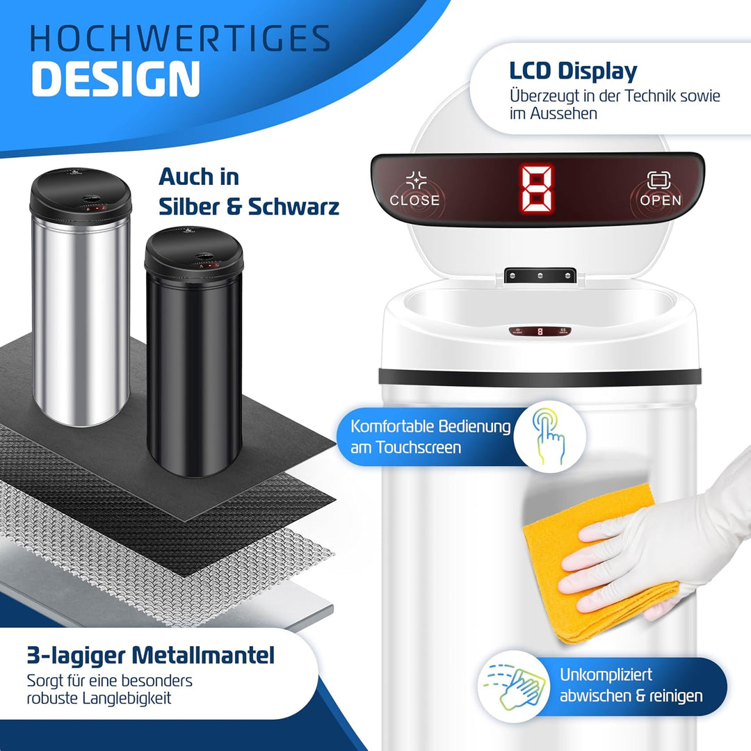 KESSER Sensor Mülleimer ✓ Automatik ✓ Abfalleimer ✓ Abfall | Edelstahl | Farbe: WEIss | Grösse: 56 L