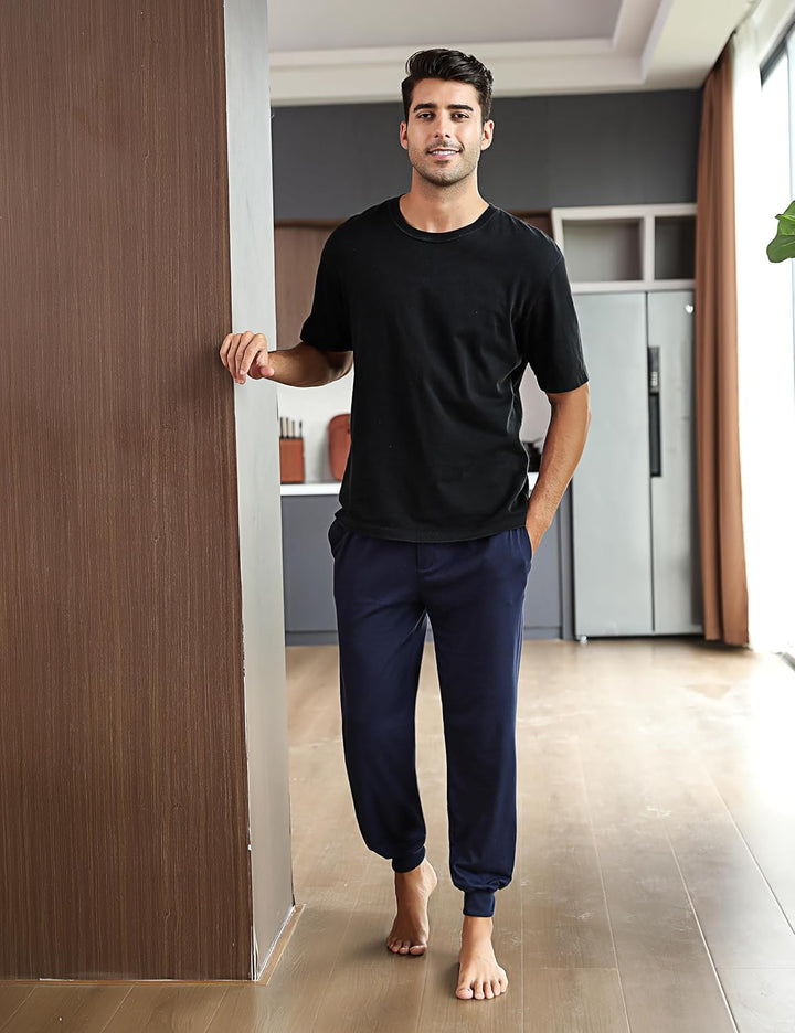 Marvmys Schlafanzughose Herren Lang mit Bündchen Einfarbige Pyjamahose für Männer Schlafhose Haushos