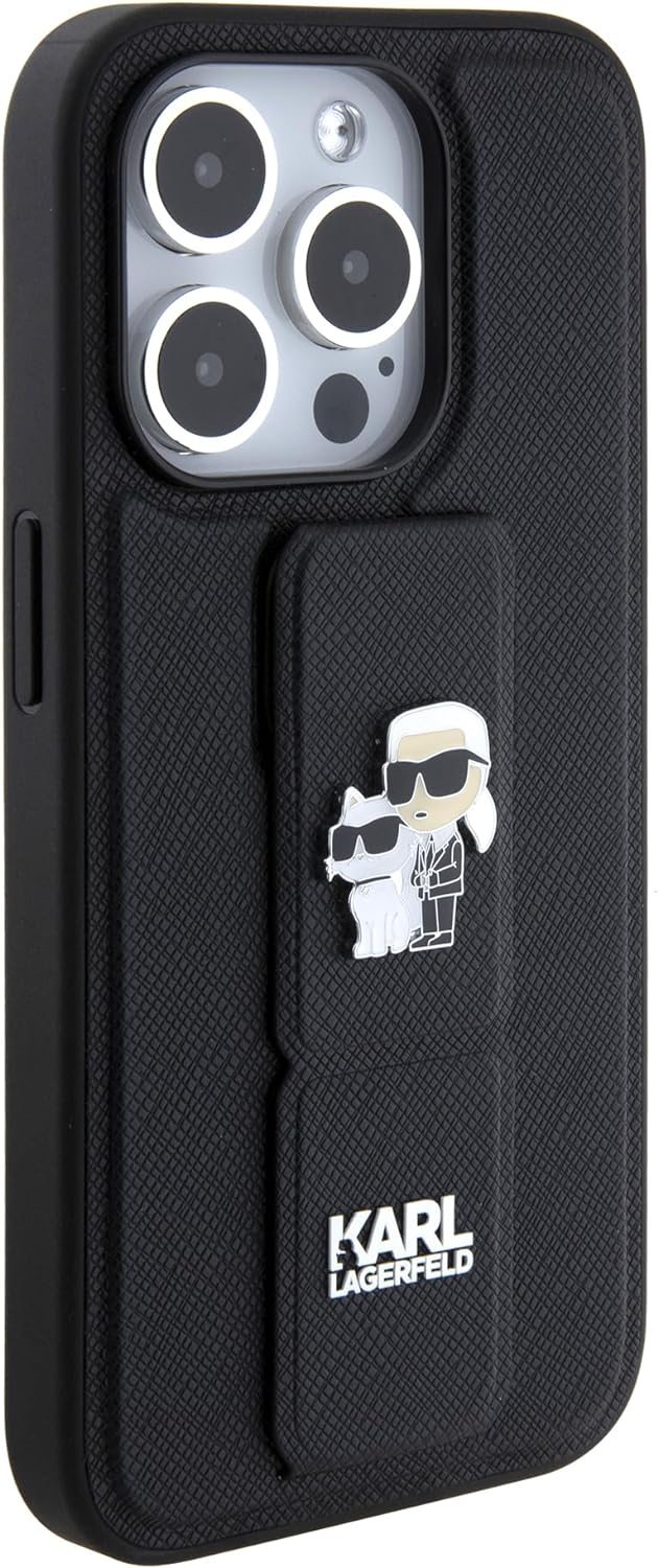 CG Movie Karl Lagerfeld Saffiano-Leder-Schutzhülle für iPhone 15 Pro, Schwarz, Schwarz