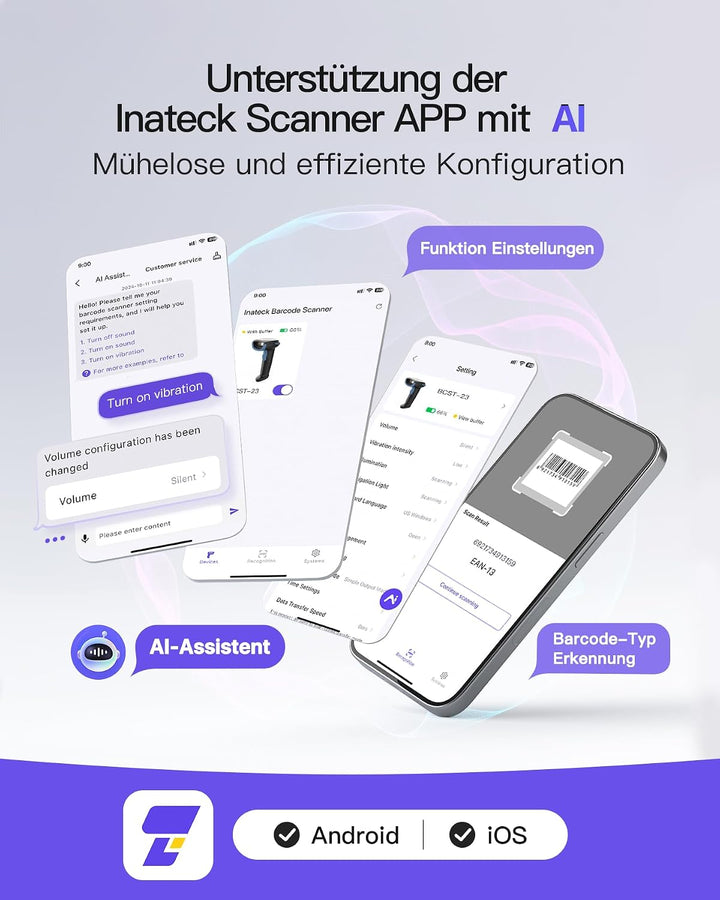 Inateck Barcode Scanner Kabellos, 1D 2D QR Code Scanner, BCST-23 Blau | 3-in-1 mit Bluetooth, 2,4 GH