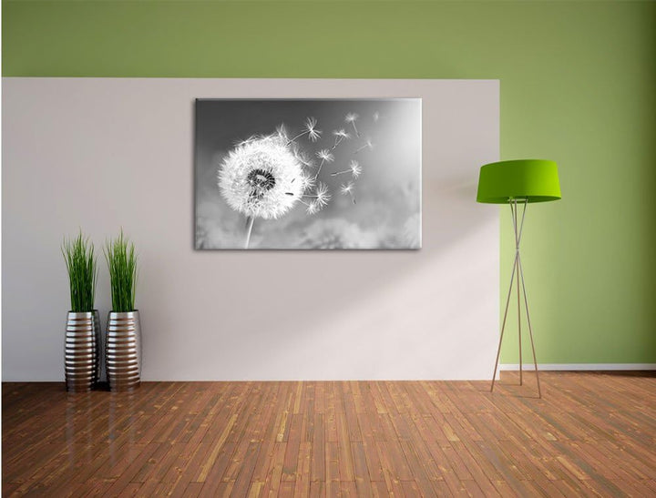 Löwenzahn Samen Kunst B&W, Format: 100x70 auf Leinwand, XXL riesige Bilder fertig gerahmt mit Keilra