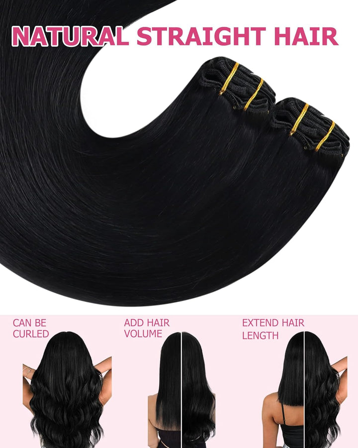 YoungSee Clip in Extensions Schwarz Clip in Extensions Echthaar Lang Echthaar Extensions Clip Schwar
