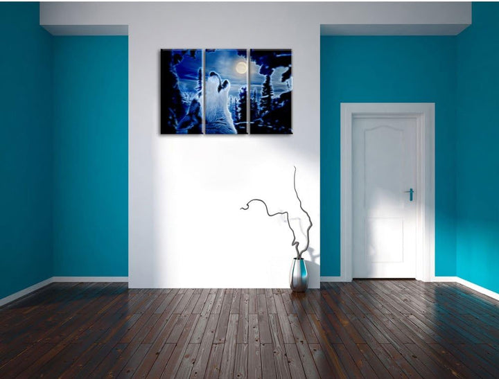 Pixxprint Heulender Wolf im Mondlicht als Leinwandbild/Grösse: 3 Teilig (120x80 cm) cm/Wandbild/Kuns