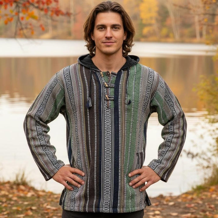 GURU SHOP Goa Kapuzenshirt, Baja Hoodie, Style Kapuzenpullover, Herren, Baumwolle S Grün, S Grün
