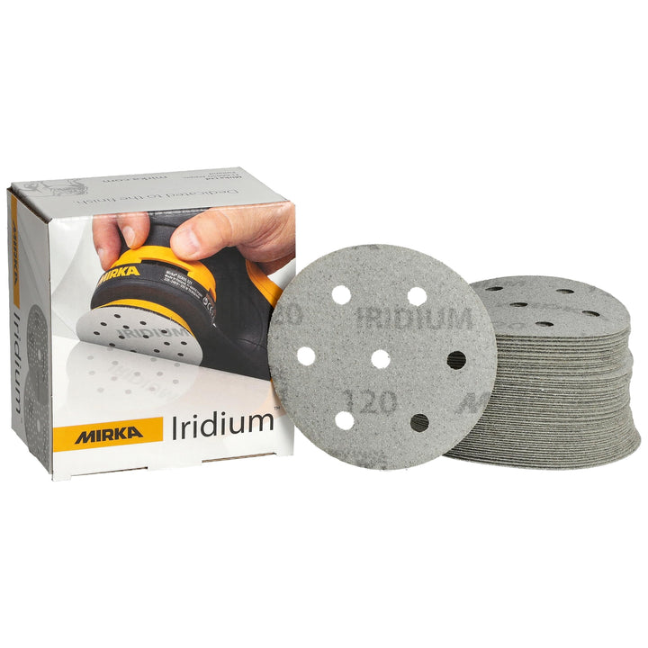 Mirka Iridium Premium-Schleifpapier Ø 90mm Klett 7-Loch, Korn 120, 50 Stk/Zum Schleifen von Lack, Sp