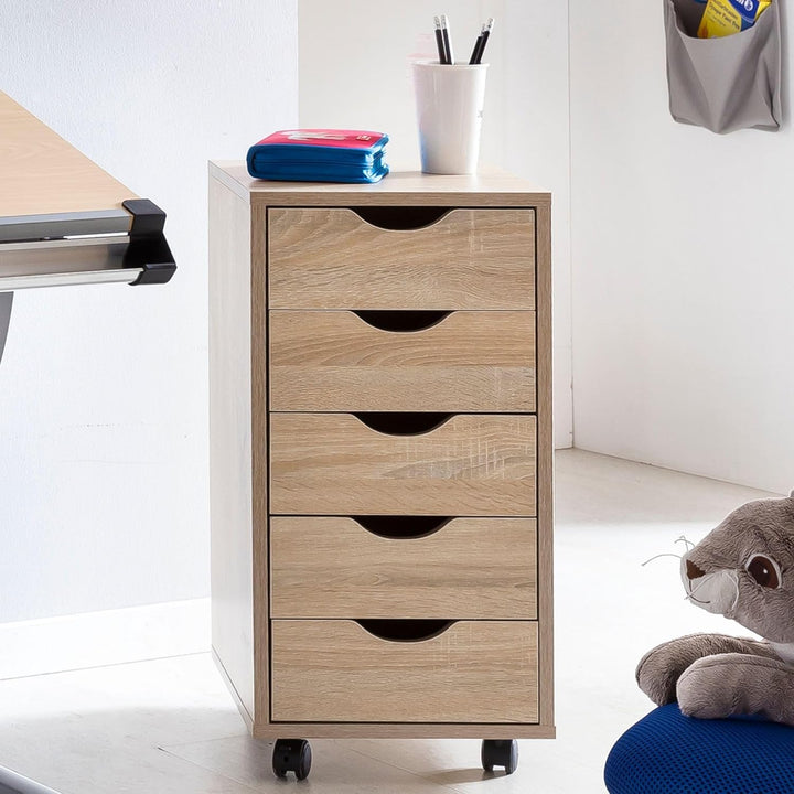 Rollcontainer 33 x 64 x 38 cm MDF-Holz 5 Schubladen Sonoma | Moderner Schubladencontainer mit Rollen