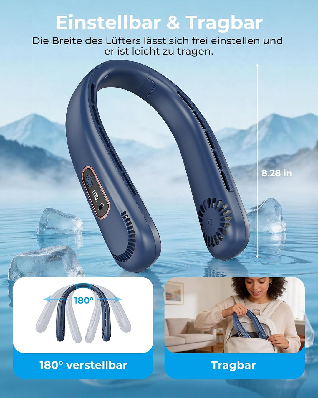 LEBKOV 5000mAh Leise Nackenventilator mit LED-Display, 3 Stufen, 360° Luftstrom, 180° Verstellbar, F