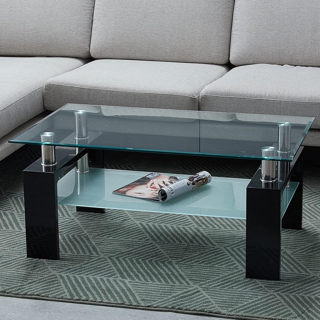 CLIPOP Couchtisch Rechteckig Beistelltisch aus Hartglas,Wohnzimmertisch Moderner Sofatisch mit Staur