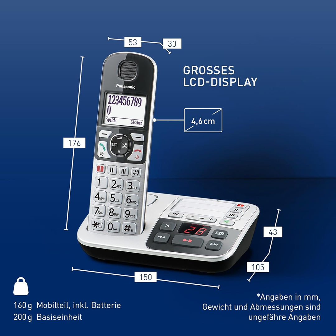 Panasonic KX-TGE520GS Senioren Schnurlostelefon mit Anrufbeantworter, Station &amp; Hörer, Freisprechein