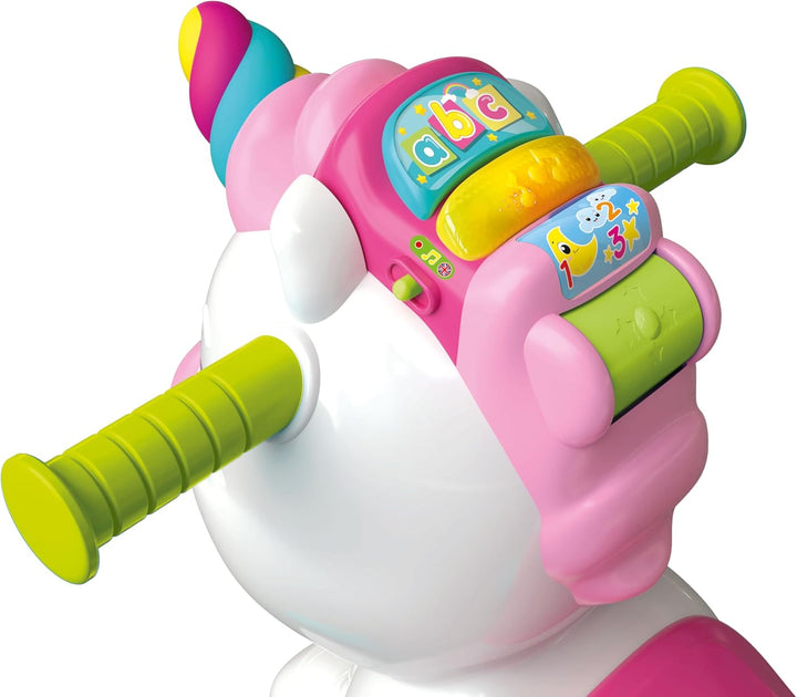 Clementoni 61555 Einhorn Wippe Einhorn Wippe und Läufer mit Musik, Liedern und pädagogischen Inhalte