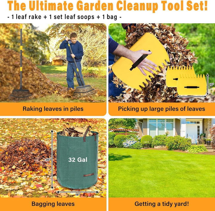 Rechen, Gartenlaubrechen Set - mit 32 Gallonen Laubsäcken und 2 Laubschaufeln, 202cm Laubrechen mit