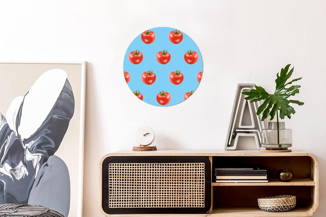 Wandbild Rund Wanddeko Deko Wohnzimmer Bilder 30x30 cm Tomate - Muster - Blau, 30x30 cm