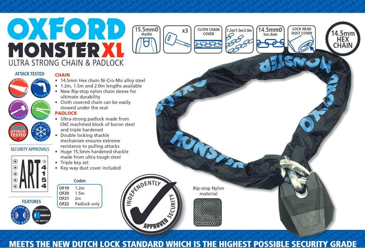 Oxford OF20 Monster XL 1.5M Kette und Vorhängeschloss, Schwarz 1.5m Ketten, Schlösser und Alarme, 1.