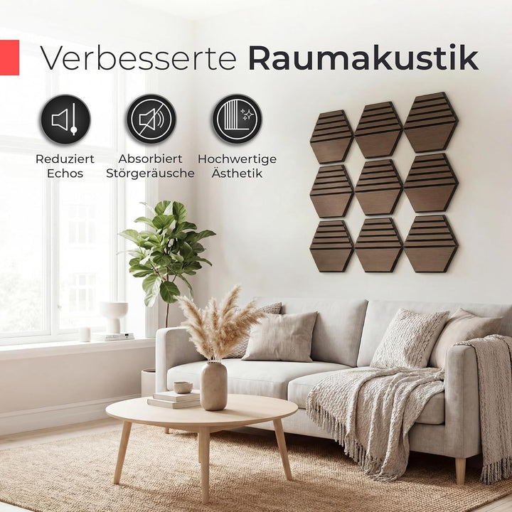 Akustikpaneele Holz selbstklebend mit Echtholz & Akustikfilz | Hexagon Wandpaneele, Schalldämmung, W