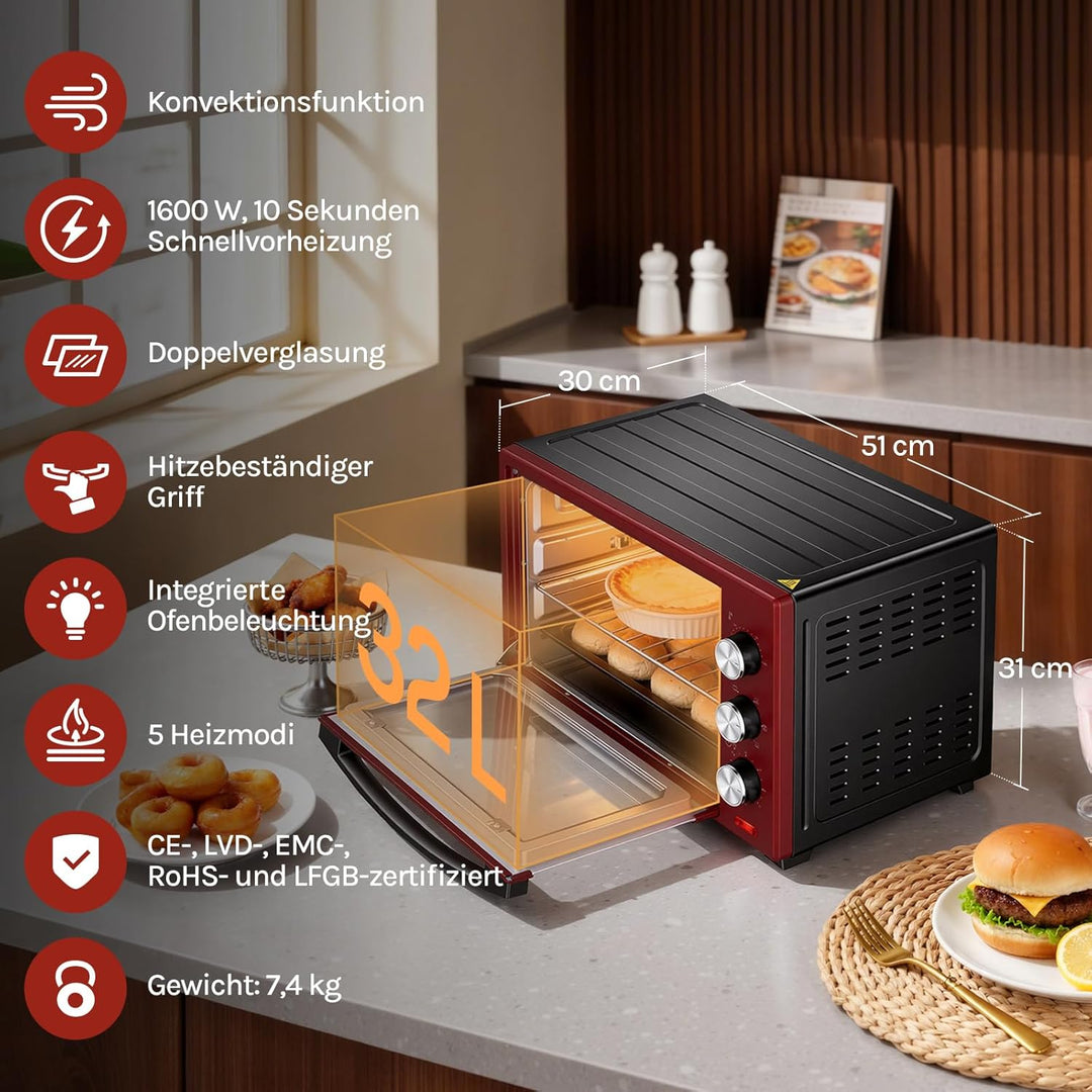 WOLTU Mini Backofen 32 Liter, 1600 Watt Toasterofen | Pizzaofen | Herausnehmbares Krümelblech mit Ti