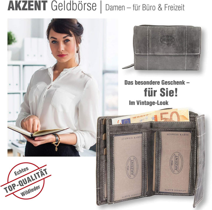 Akzent Damen Geldbörse aus Echtleder Grau Format 14 x 9 cm, Grau