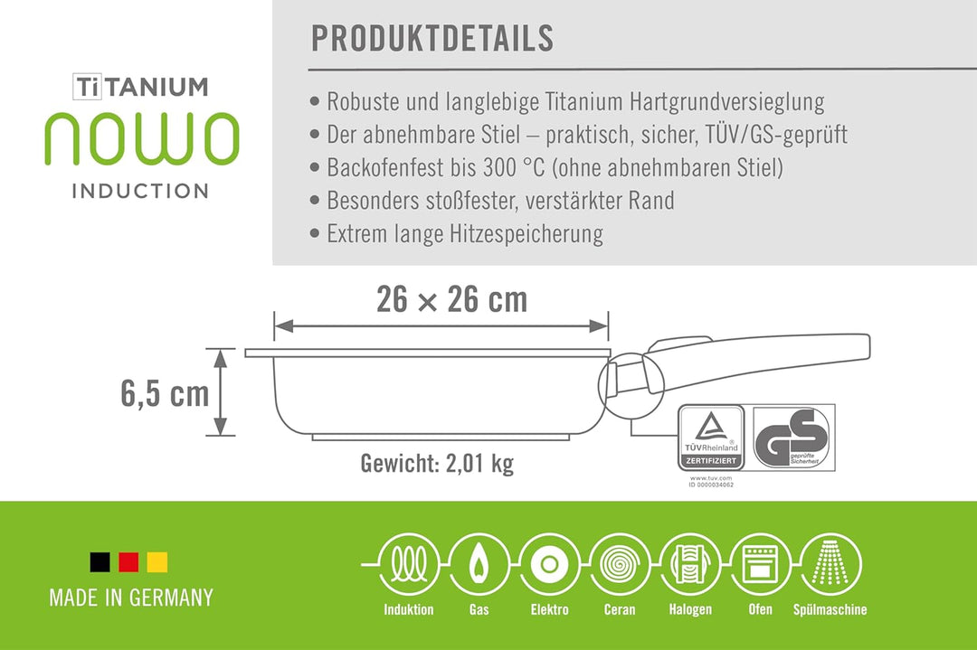 Woll Induktion Nowo Titanium Guss-Pfanne viereckig-Induktiv, 26x26 cm, 6.5 cm hoch, mit abnehmbarem
