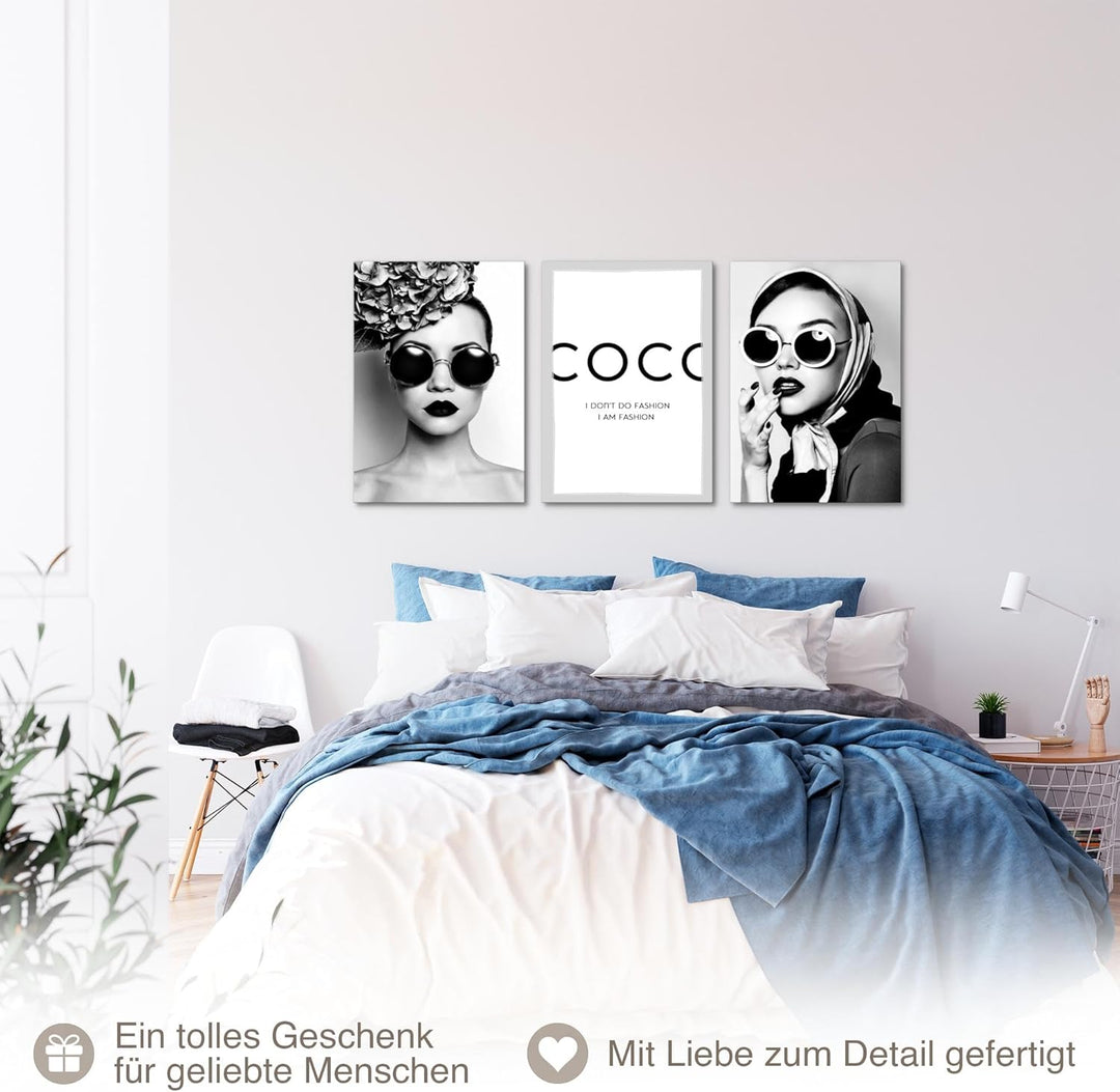 Novart Bilder Set Coco Fashion - Kein Extra Rahmen benötigt - Wandbilder für Wohnzimmer Mädchen Teen