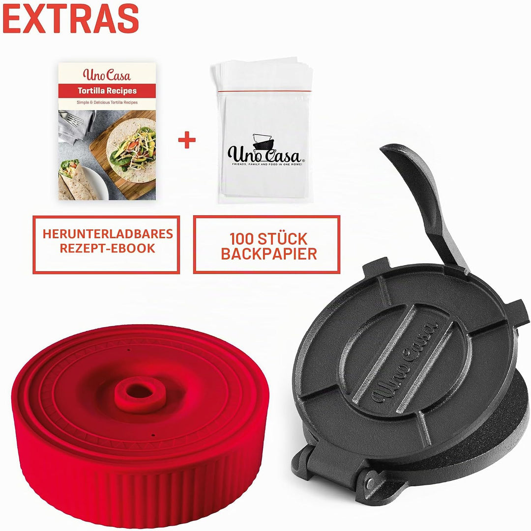 Uno Casa Tortilla-Presse aus Gusseisen, 20,3 cm, mit Tortilla-Wärmer – Set mit vorbehandeltem Quesad