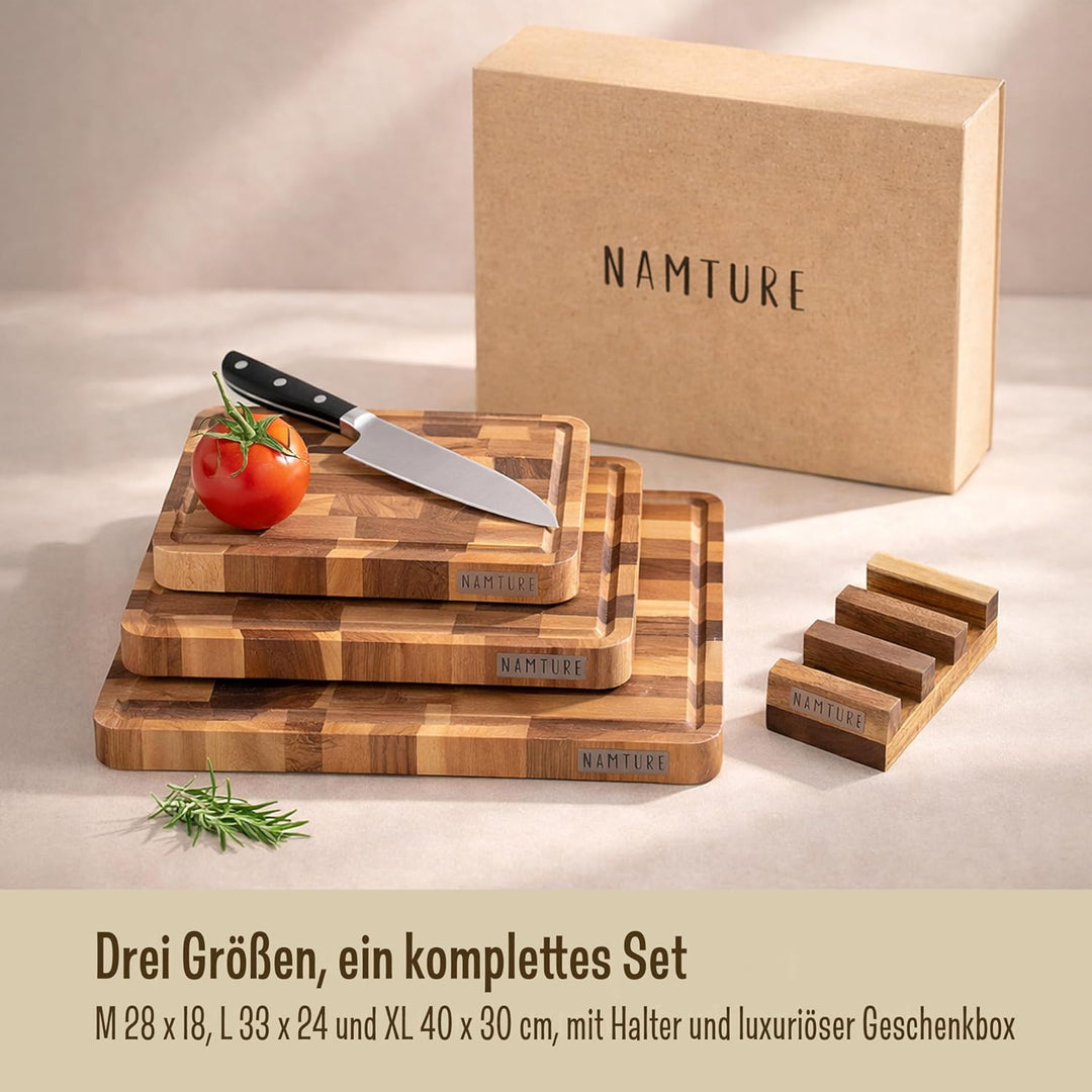 Schneidebrett Holz Set – 2,5 cm stark, mit hochwertiger Öl-Oberfläche, Saftrille, Anti-Rutsch-Füssen