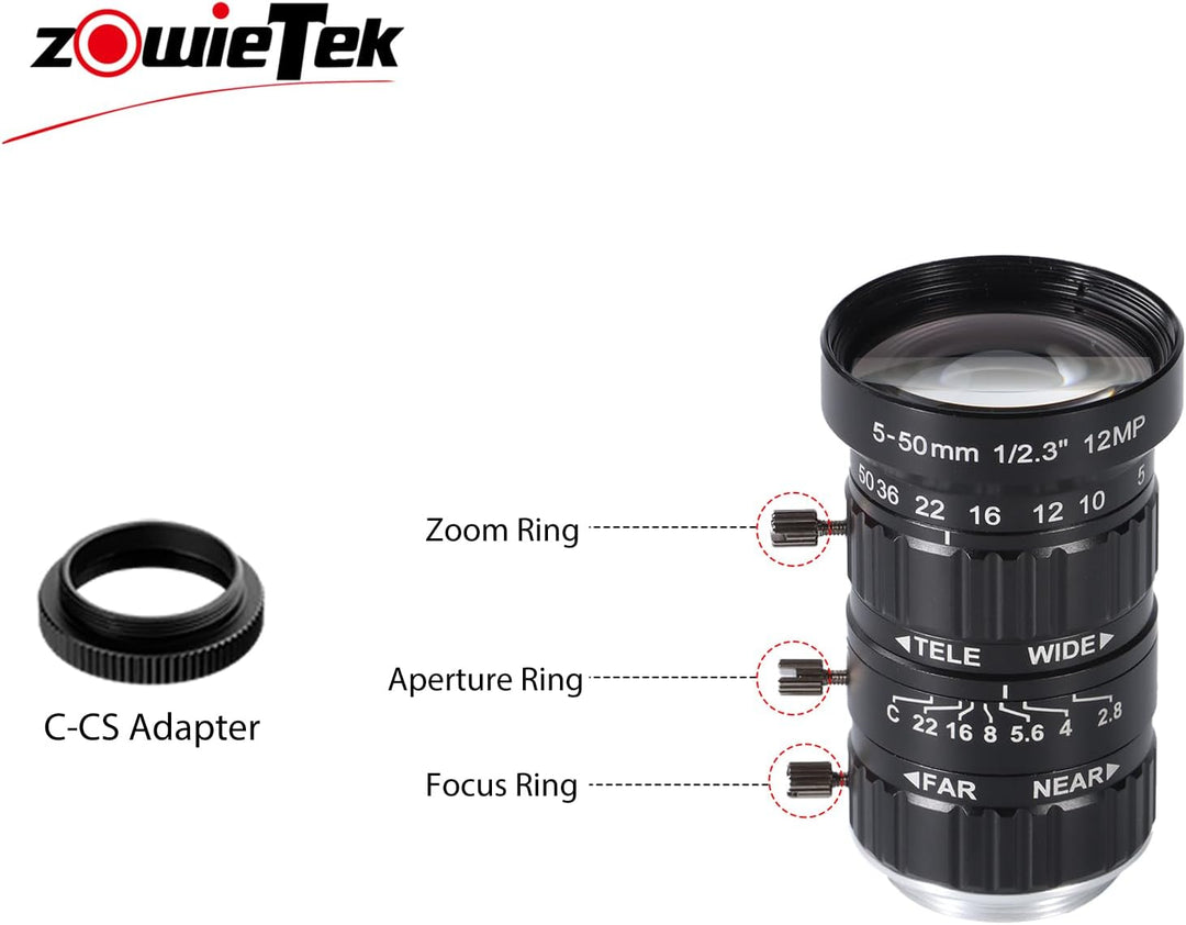Zowietek 5-50 mm 12 MP C-Mount Zoomobjektiv mit geringer Verzerrung, mit C-CS-Adapter, für Zowietek