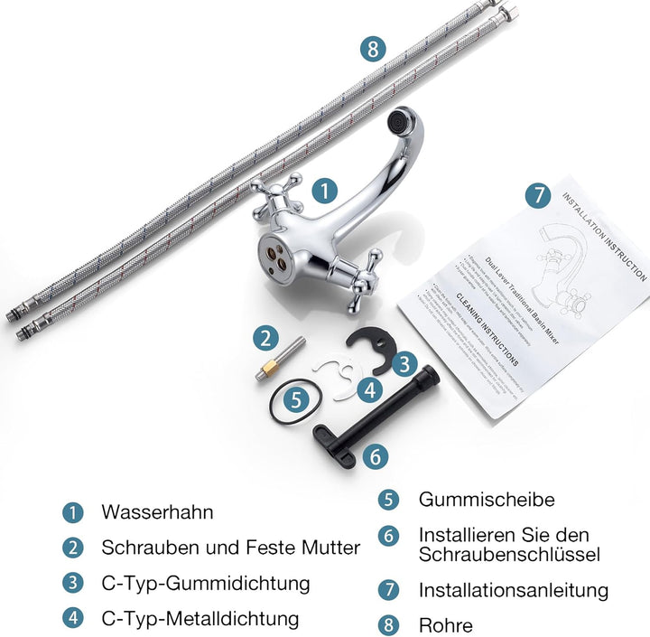 Wasserhahn Bad Mischbatterie, Bad Armaturen Chrom Waschtischarmatur aus Messing, Waschbeckenarmatur