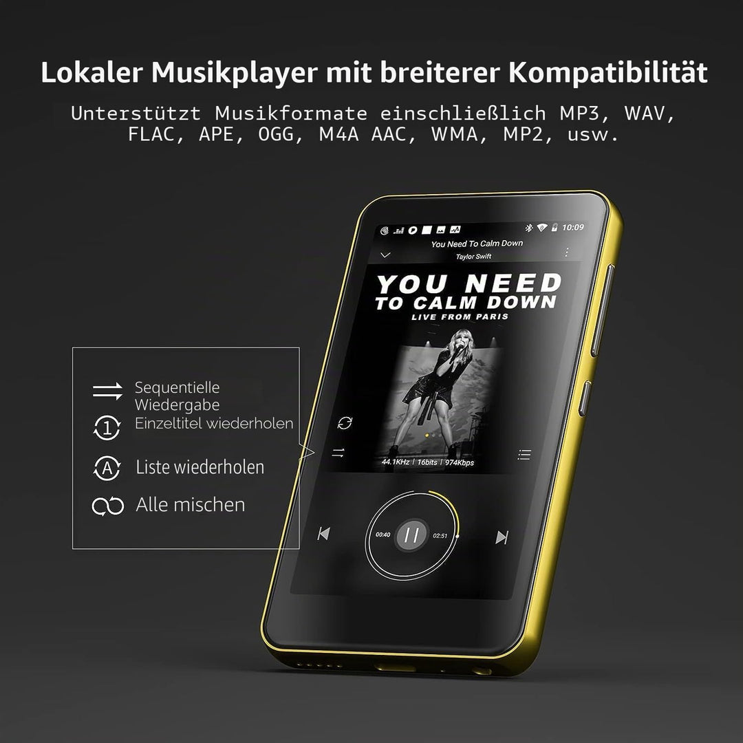 MP3-Player mit Bluetooth und WLAN, 4"-Voll-Touchscreen MP4 - mit Spotify, Android-Streaming-Musikpla