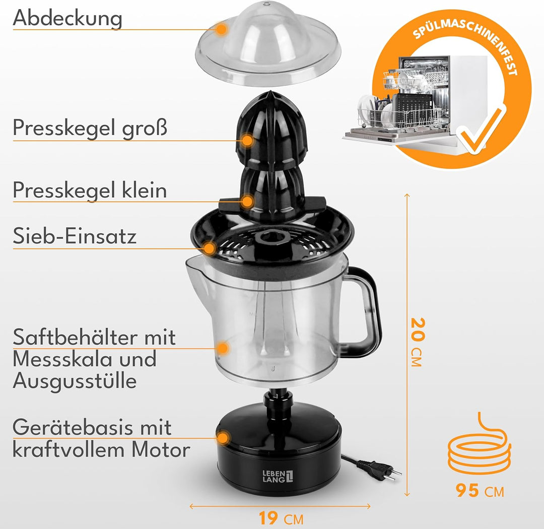 LEBENLANG Zitruspresse elektrisch - 2 Kegel & BPA-Frei I Hohe Saftausbeute I 700ml Orangenpresse ele