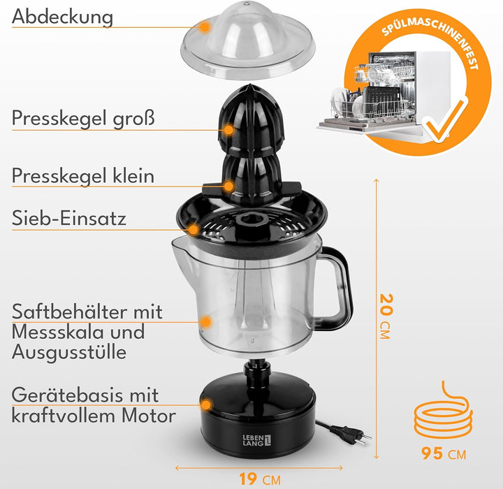 LEBENLANG Zitruspresse elektrisch - 2 Kegel & BPA-Frei I Hohe Saftausbeute I 700ml Orangenpresse ele