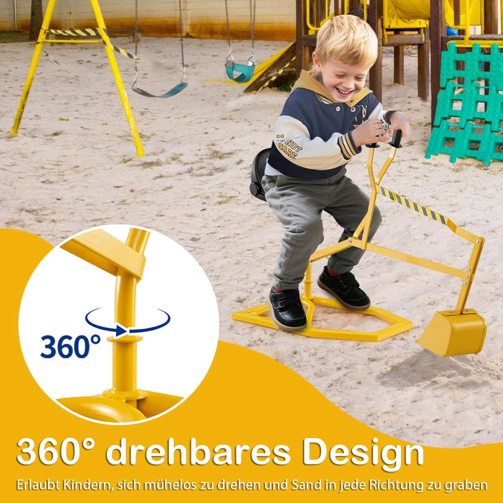 DREAMADE Kinder Bagger für Sandkasten, Metall-Aufsitzbagger mit 360° drehbarem Sitz, Flexibler Schau