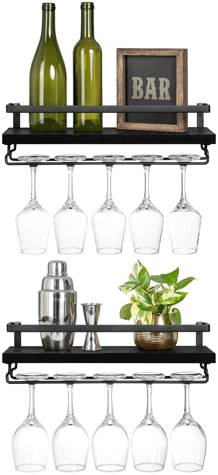 Mkono Wandmontierte Weinregale 2er Set Holz Rustikale Weinflasche Glas Schwimmregale mit Stemware Au