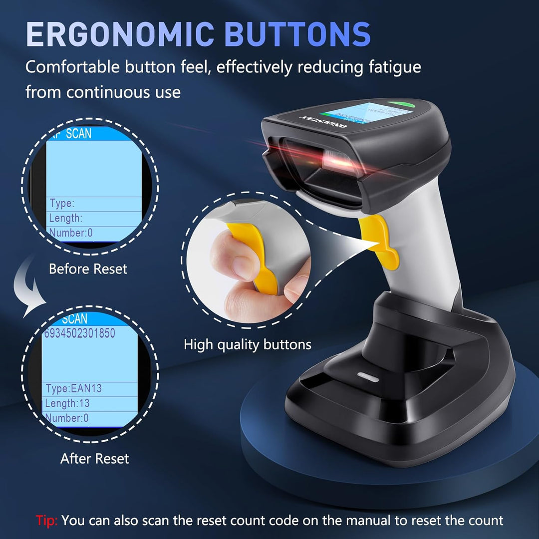 2D Barcode Scanner Wireless, QR Code Scanner Handheld Barcode Scanner with Base 2 in 1 USB Wired Con