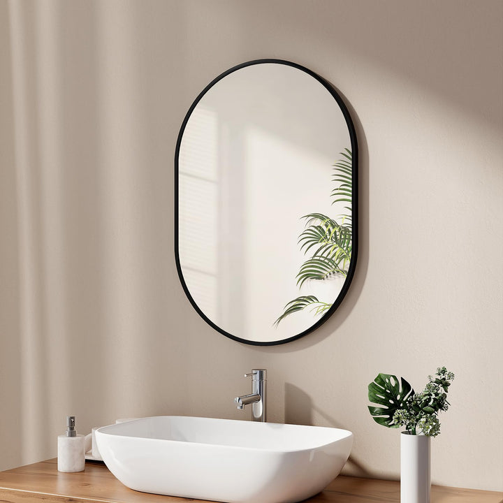 EMKE Badspiegel Oval 50 x 70 cm Spiegel mit Schwarzer Rahmen Wandspiegel Oval Horizontal/Vertikal Ba