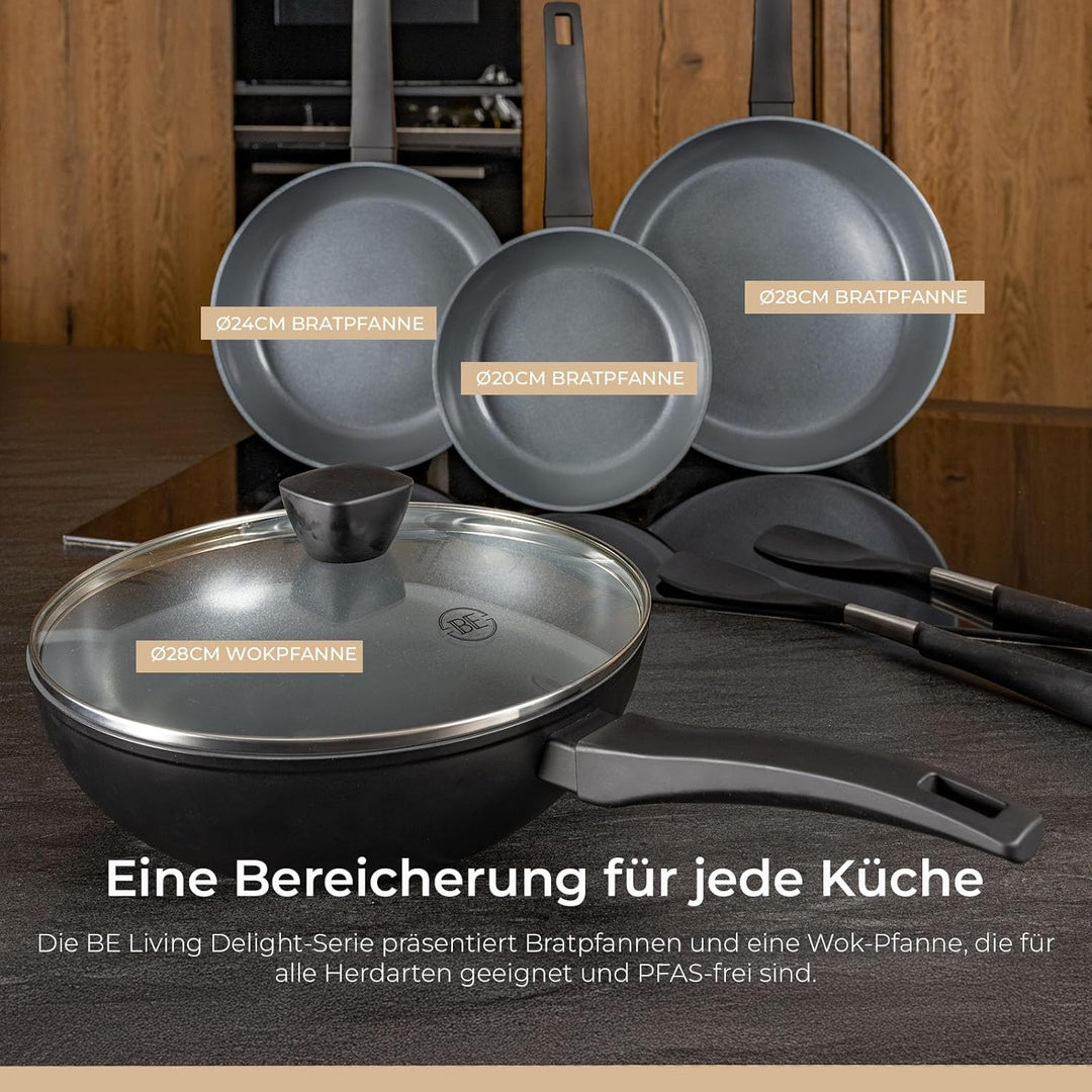 Be Living Delight Pfannenset 4-teilig, Bratpfanne 20/24/28 cm + Wokpfanne 28 cm mit Deckel, Non Stic