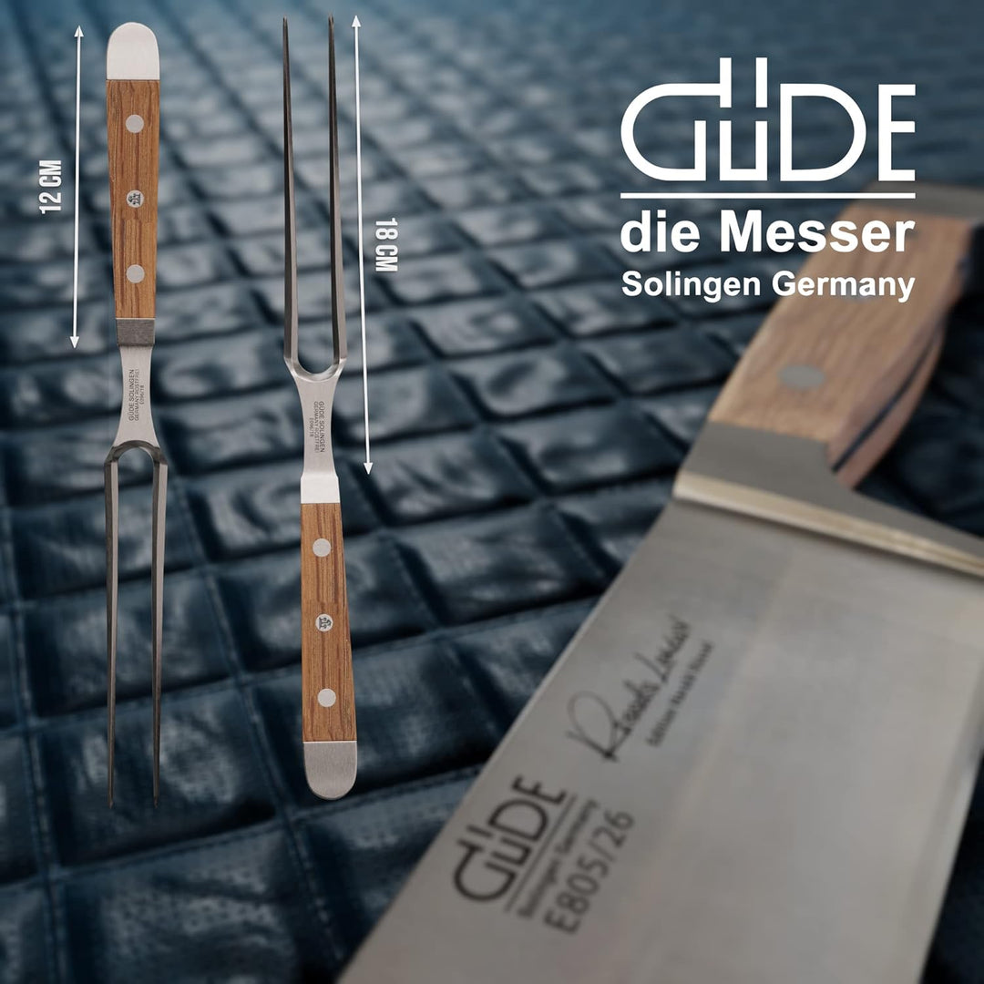 GÜDE Solingen - Fleischgabel geschmiedet, 18 cm, Fasseichenholz, ALPHA FASSEICHE, Doppelkropf, Handm
