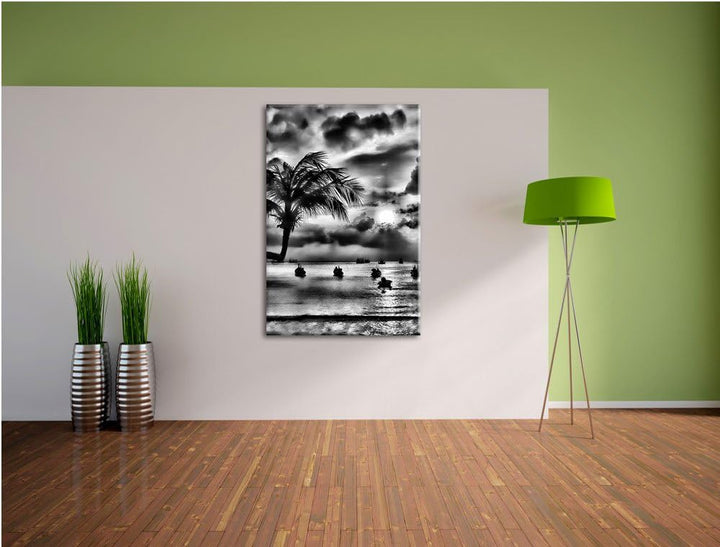 Pixxprint Monocrome, Palmen an Traumstrand, Format: 100x70 auf Leinwand, 100x70