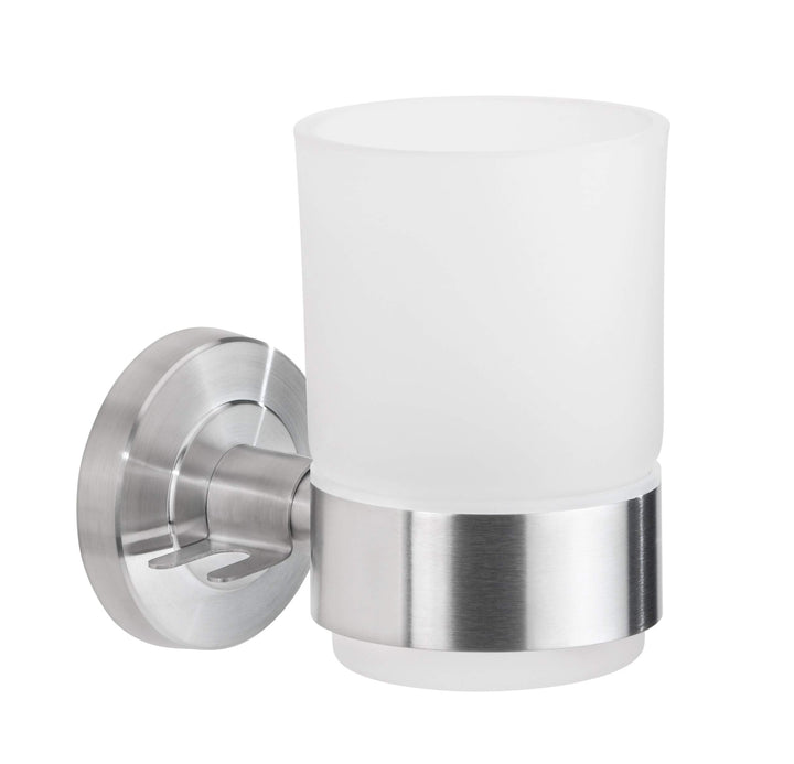 AMARE Zahnputzbecher mit Wandhalterung | silber | Halter Kleben oder Bohren | Glas und Edelstahl | B