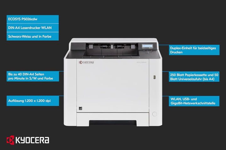 Kyocera Klimaschutz-System Ecosys P5026cdw Laserdrucker. 26 Seiten pro Minute. WLAN Farblaserdrucker