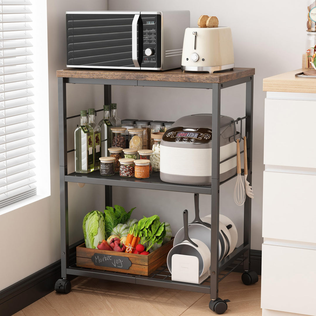 Metall Küchenregal mit Arbeitsplatte, 3 Ebenen Servierwagen mit Rollen für Mini-Backofen, Mikrowelle