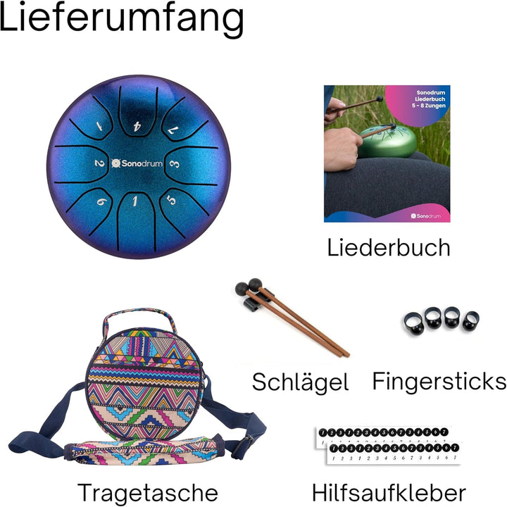 Sonodrum Zungentrommel "Standard 14cm C-Dur" Beere - Steel Drum inkl. Schlägel, gratis Liederbuch un