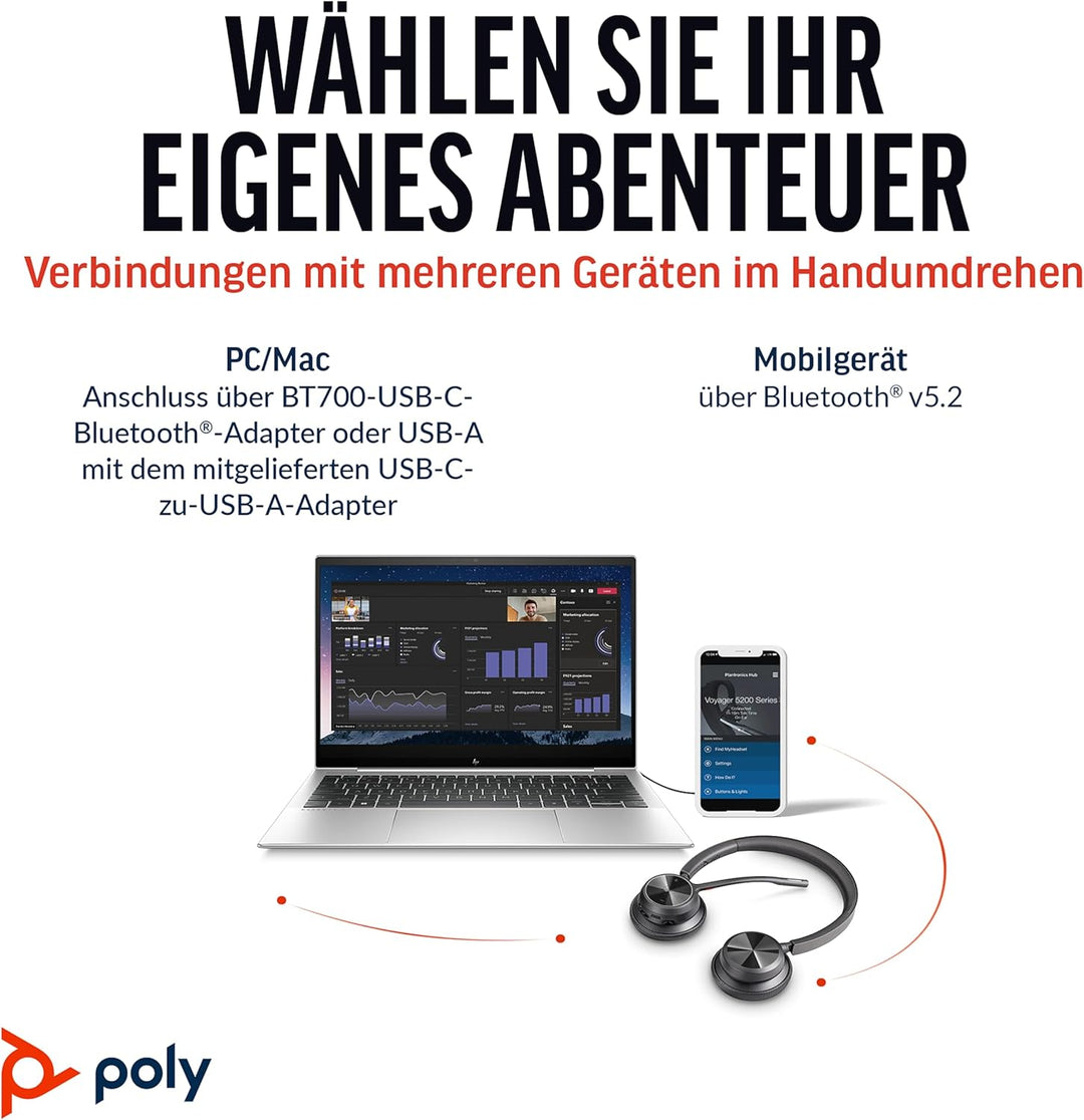 Schnurloses Poly Voyager 4320 UC-Headset – Stereo-Kopfhörer mit Noise Cancelling-Mikrofonarm – Verbi