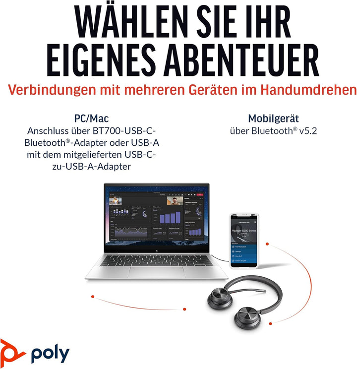 Schnurloses Poly Voyager 4320 UC-Headset – Stereo-Kopfhörer mit Noise Cancelling-Mikrofonarm – Verbi