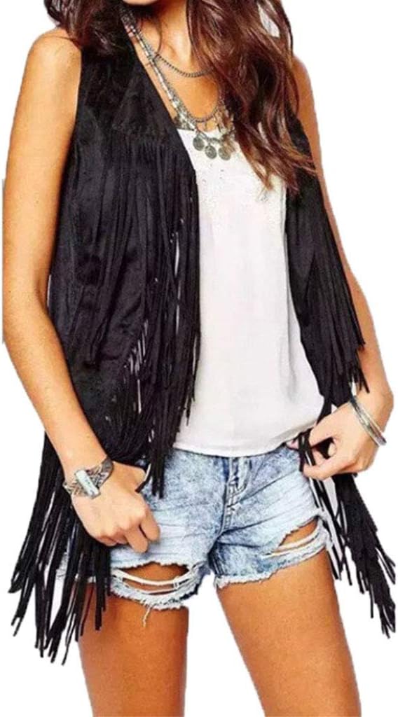 Damen Hippie-Weste ärmellose Jacke Fransen Wildlederimitat Vintage Quasten Cardigan, M Schwarz