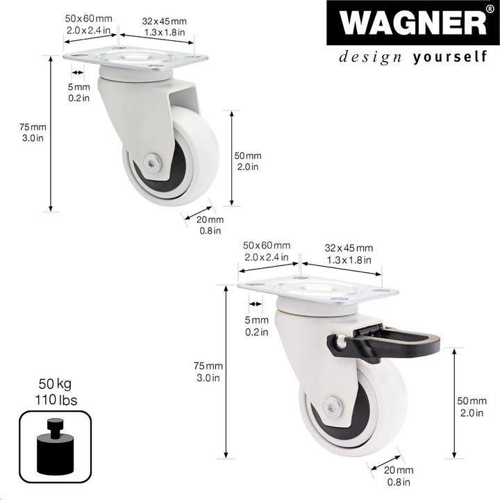 WAGNER Design - 3C - Lenkrollen / Apparaterollen / Möbelrollen 4tlg. Set - weiss, Softlauffläche, Du