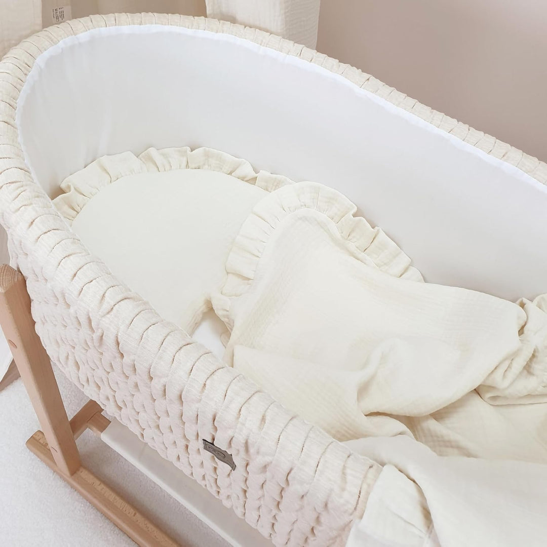 PinkZebra Musselin-Bettwäsche mit Rüschen für Babys Neugeborene, weiches Flachkissen + 4-lagige Deck