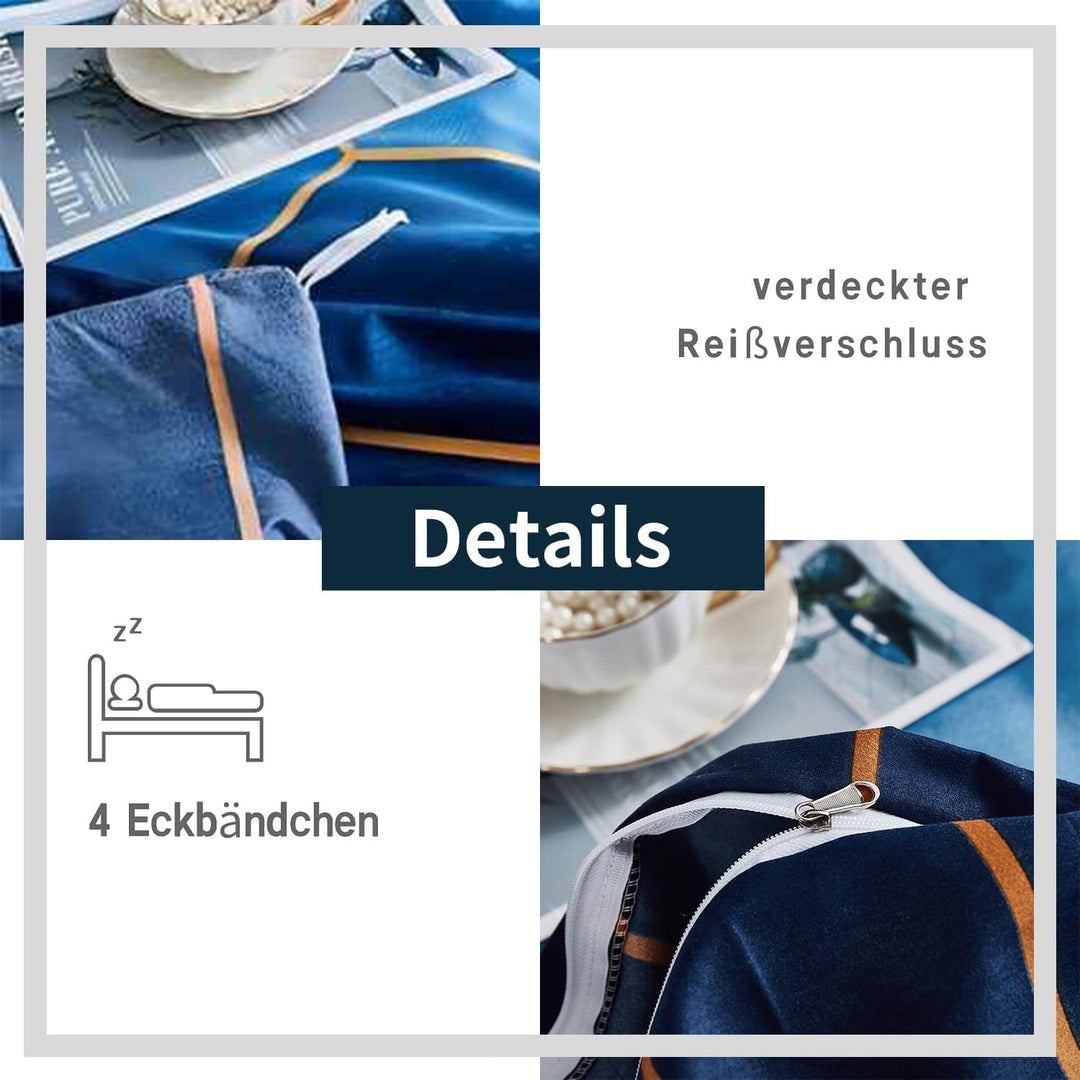 Freyamy Bettwäsche 220x240 cm 3 Teilig Blau Kariert Marmor Wendebettwäsche Geometrische Modern Micro