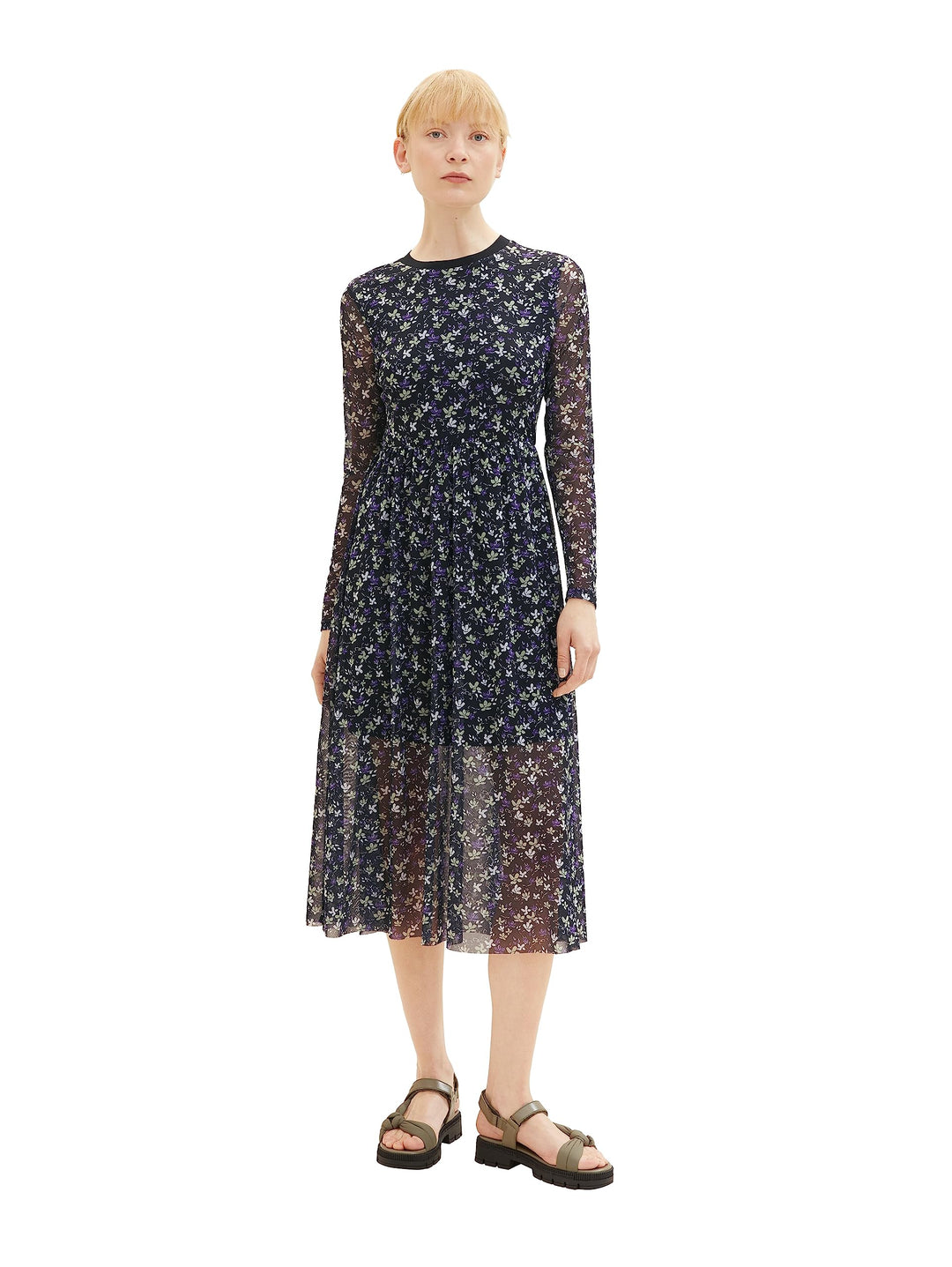 TOM TAILOR Denim Damen Denim Mesh Kleid mit Muster L 34262-black Flower Print, L 34262-black Flower