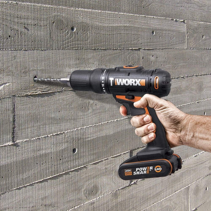 WORX 18V(20V MAX) Akku-Schlagbohrschrauber WX371, 2,0Ah, PowerShare, 2 Gänge, Koffer, 13mm Bohrfutte