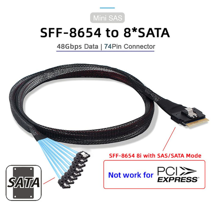 cablecc SAS 4.0 Slimline SFF-8654 8i 74pin Host Raid auf 7pin 8 SATA Zielfestplatten-Fanout-Raid-Kab